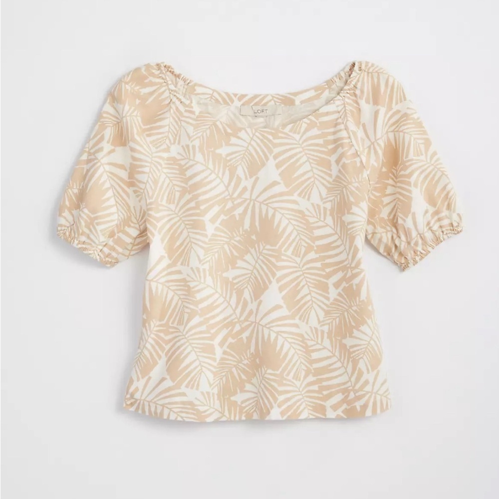 LOFT Palm Puff Sleeve Top Women’s XL Neutral Linen Blend Tropical Coastal Beach